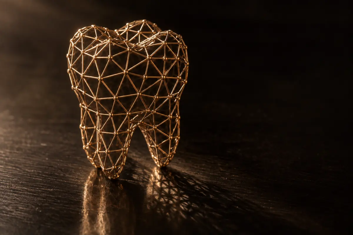 Backenzahn aus feinem Bronzedraht als Gitternetz, wie ein digitales 3D-Modell, auf schwarzem Lack
