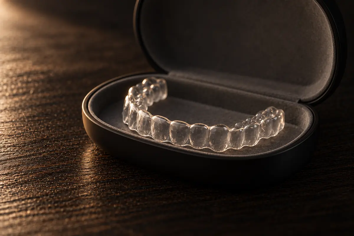 Durchsichtige Aligner-Schiene in ihrer geöffneten Box
