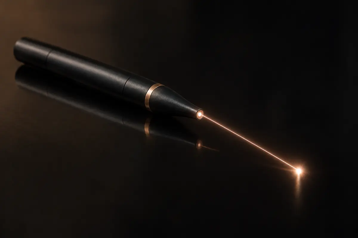 Zahnärztliches Laser-Handstück, aus der Faserspitze tritt ein feiner Lichtstrahl, auf schwarzem Lack