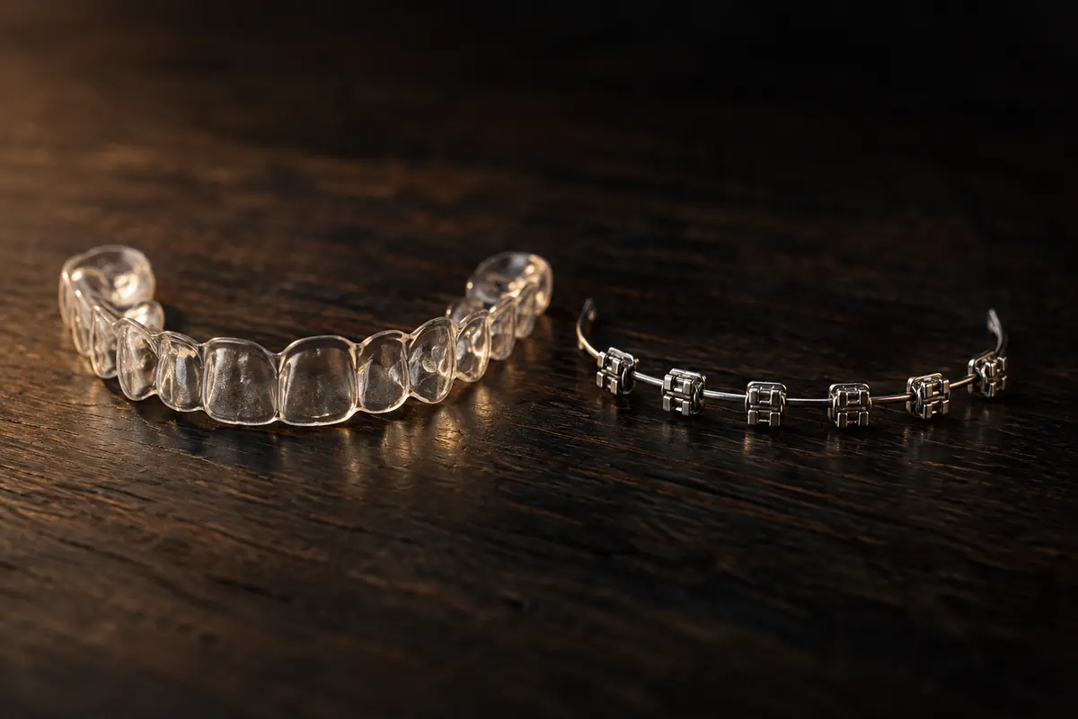 Durchsichtige Aligner-Schiene neben einem Drahtbogen mit Metallbrackets auf dunklem Holz