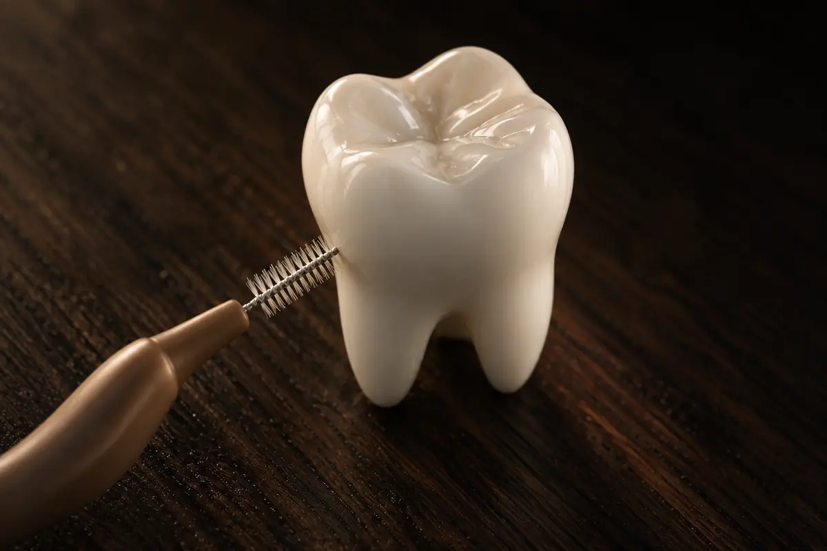 Interdentalbürste am Zahnhals eines Zahnmodells aus Keramik auf dunklem Holz