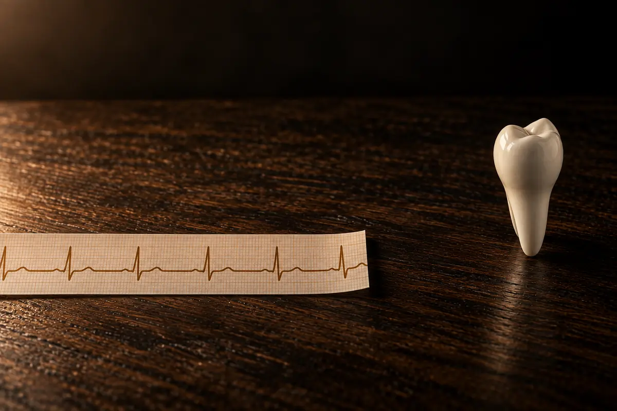 EKG-Streifen mit einer ruhigen Herzschlagkurve, mit Abstand daneben ein Zahnmodell aus Keramik, auf dunklem Holz